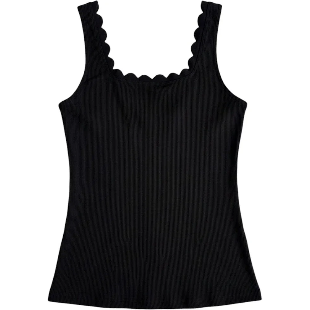 V FOR CITY Swim Top Women Large Black New Ribbed Scalloped Neckline Tankini